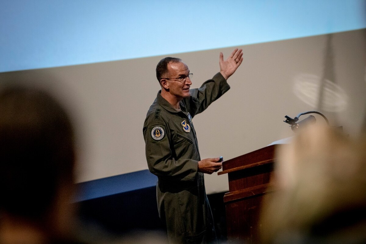 Lt. Gen. John Healy briefs Air Force Reserve Command senior leaders and wing commanders hours after becoming the new chief of the Air Force Reserve and commander of Air Force Reserve Command.