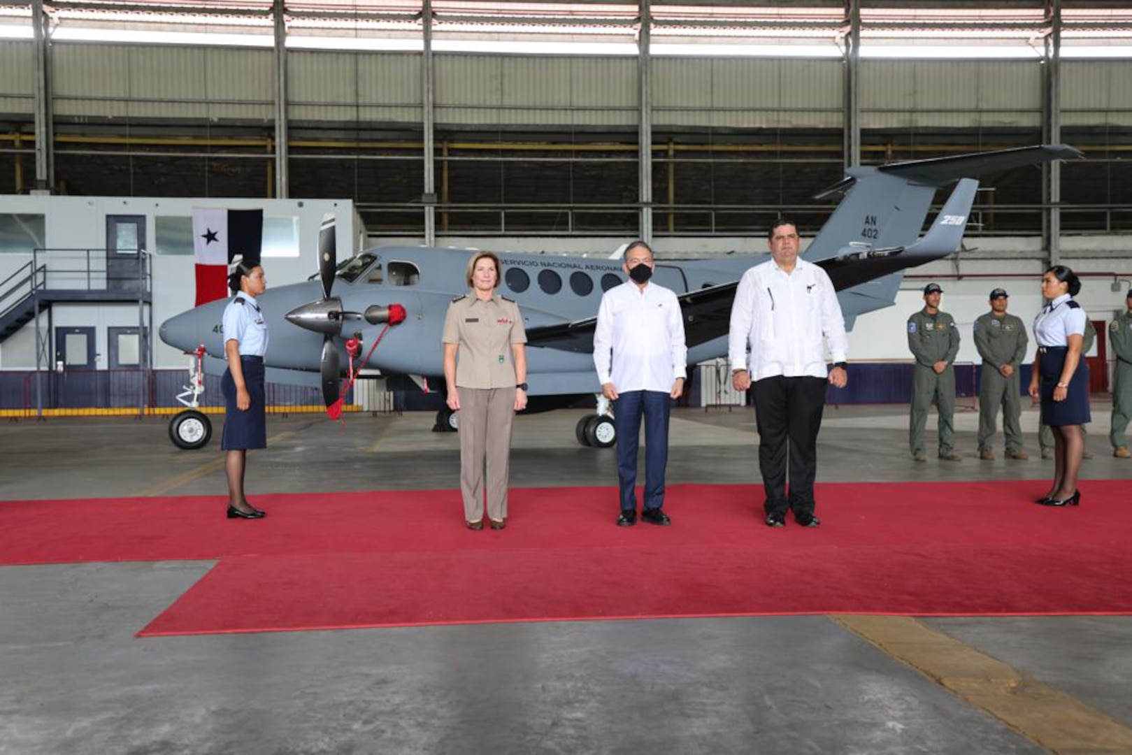 Army Gen. Laura Richardson joins Panamanian President Laurentino Cortizo and Minister of Public Security Juan Pino for a ceremony as the United States donated a King Air 250 maritime patrol aircraft to Panama.
