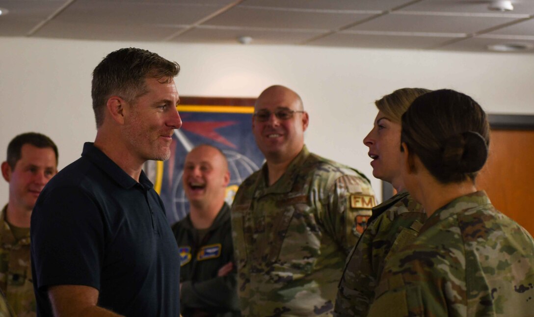 John Nash, Secretary of Military and Veteran Affairs of Oklahoma, introduces himself to service members from Altus Air Force Base, Oklahoma, Oct. 11, 2022. Nash graduated from Airborne and Ranger school during his service in the U.S. Army, which spanned over a decade. (U.S. Air Force photo by Airman 1st Class Kari Degraffenreed)