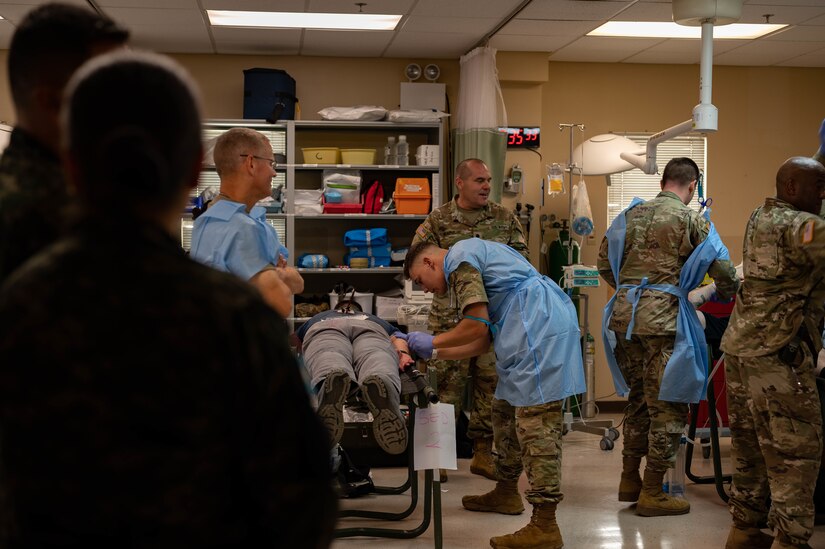 U.S. Army medical experts respond to a simulated explosion during an exercise at Soto Cano Air Base, Honduras on 14 Oct, 2022.