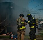 U.S. Army Firefighters respond to a simulated explosion during an exercise at Soto Cano Air Base, Honduras on 14 Oct, 2022.