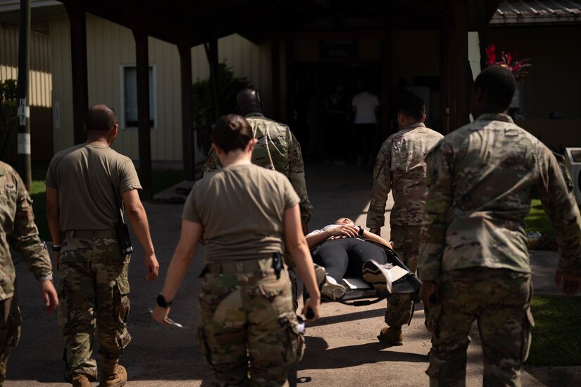 U.S. Army medical experts respond to a simulated explosion during an exercise at Soto Cano Air Base, Honduras on 14 Oct, 2022.