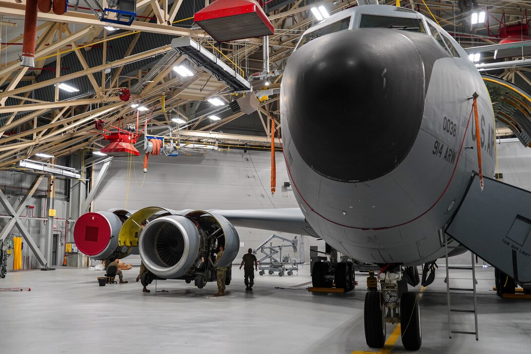 A KC-135 Stratotanker assigned to the 914th Air Refueling Wing at Niagara Falls Air Reserve Station, New York, sits in a hangar while undergoing engine maintenance on Oct. 18, 2022. The KC-135 struck a bird mid-flight and needed repairs before being declared safe to fly again. (U.S. Air Force photo by 1st Lt. Lucas Morrow)