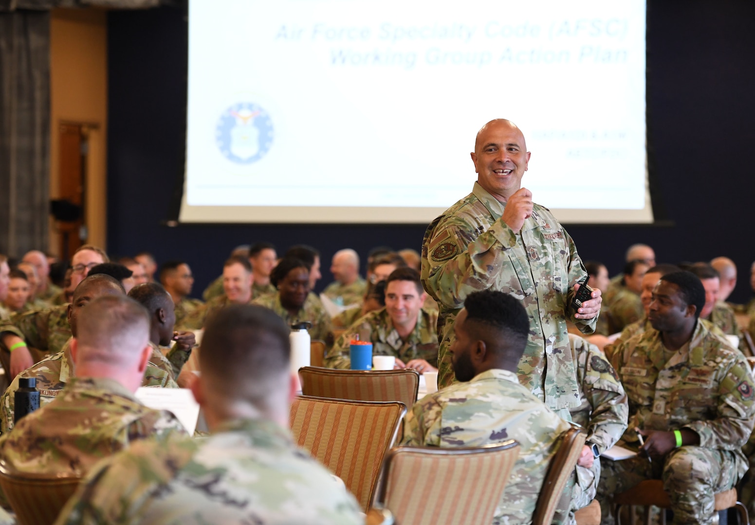 U.S. Air Force Chief Master Sgt. Jalil Samavarchian, Headquarters Air Force enlisted force development chief, briefs Airmen from both Air Education and Training Command and Air Force Special Operations Command during the inaugural Torch and Dagger professional development seminar at Keesler Air Force Base, Mississippi, October 13, 2022