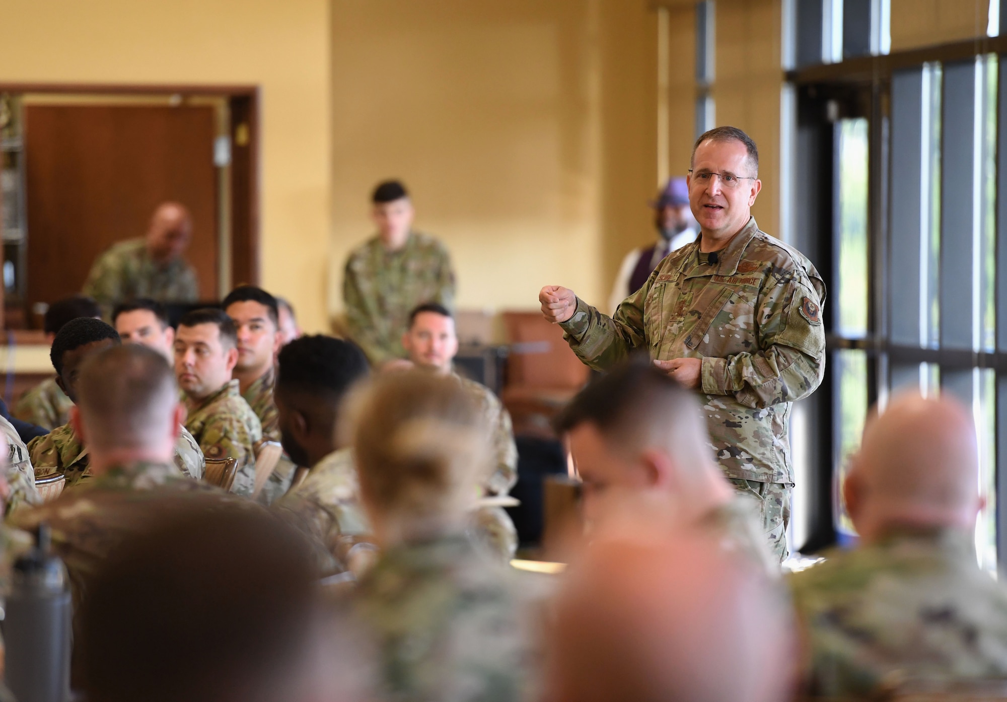 Lt. Gen. Jim Slife, commander of Air Force Special Operations Command briefs Airmen from both Air Education and Training Command and AFSOC during the inaugural Torch and Dagger professional development seminar at Keesler Air Force Base, Mississippi, Oct. 13, 2022.