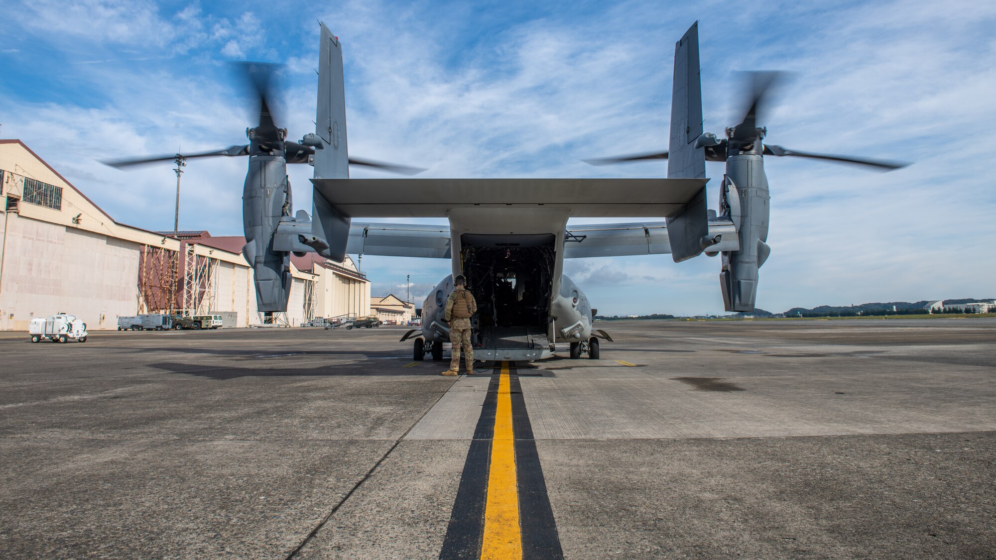 A CV-22 Osprey prepares to take off from the flightline