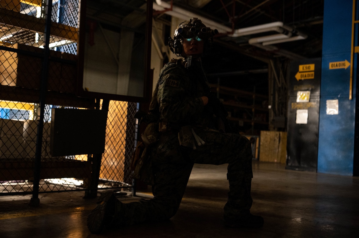 An operator participating in joint training between U.S. and Republic of Korea (ROK) special operations forces, provides cover during a tactical breach