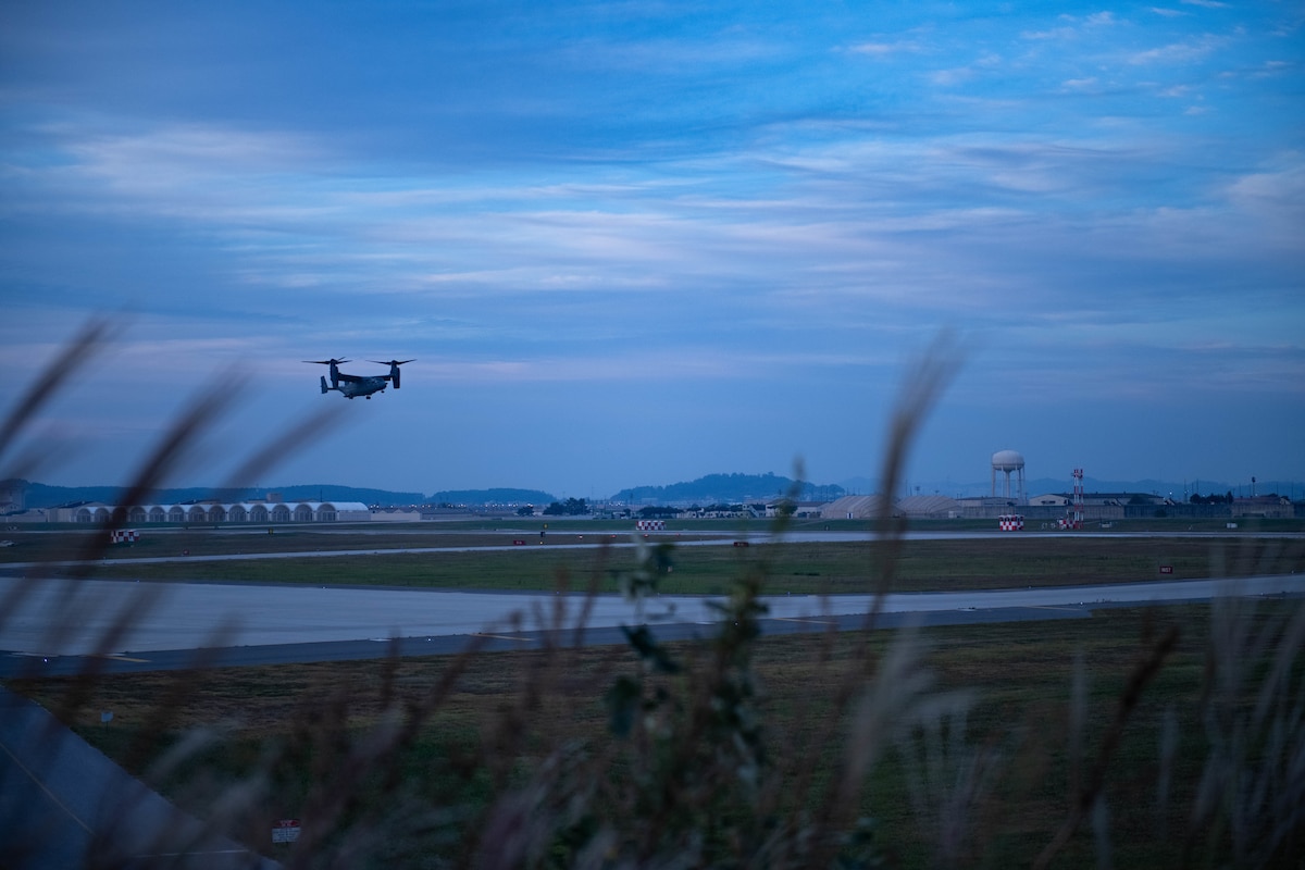 A CV-22 Osprey with the 21st Special Operations Squadron flies through the air