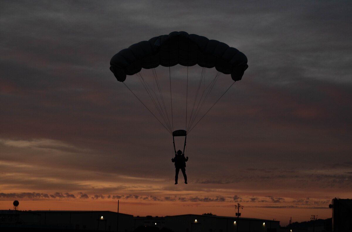 An operator participating in joint training between U.S. and Republic of Korea (ROK) special operations forces, parachutes