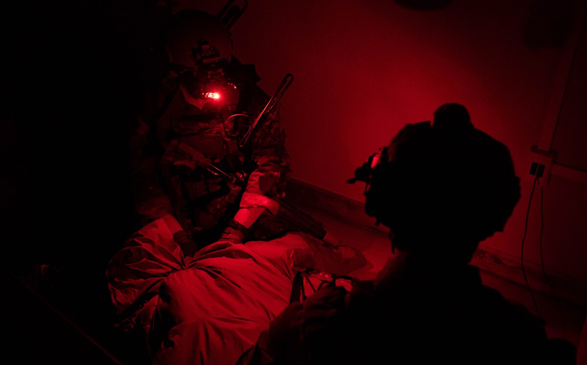 Operators participating in joint training between U.S. and Republic of Korea (ROK) special operations forces, provide simulated medical treatment.