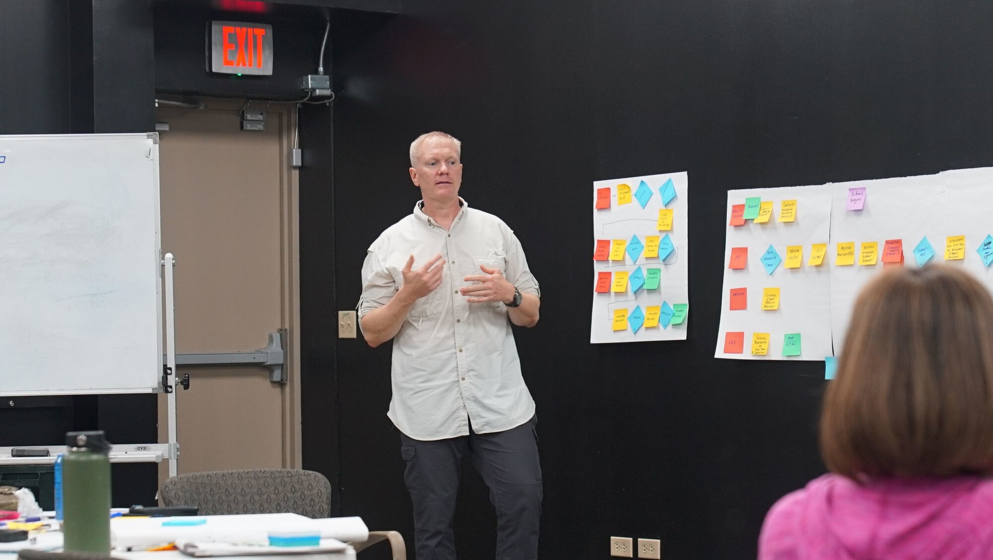 Brig. Gen. Paul R. Birch, 36th Wing commander,  briefs leadership on a mapping exercise during an off-site in Saipan on Oct. 13, 2022.  The off-site provided leadership with the opportunity to discuss realigning the wing’s mission, vision and priorities as well as tour various historical sites on the island. (U.S. Air Force photo by 1st Lt. Jade Watkins)