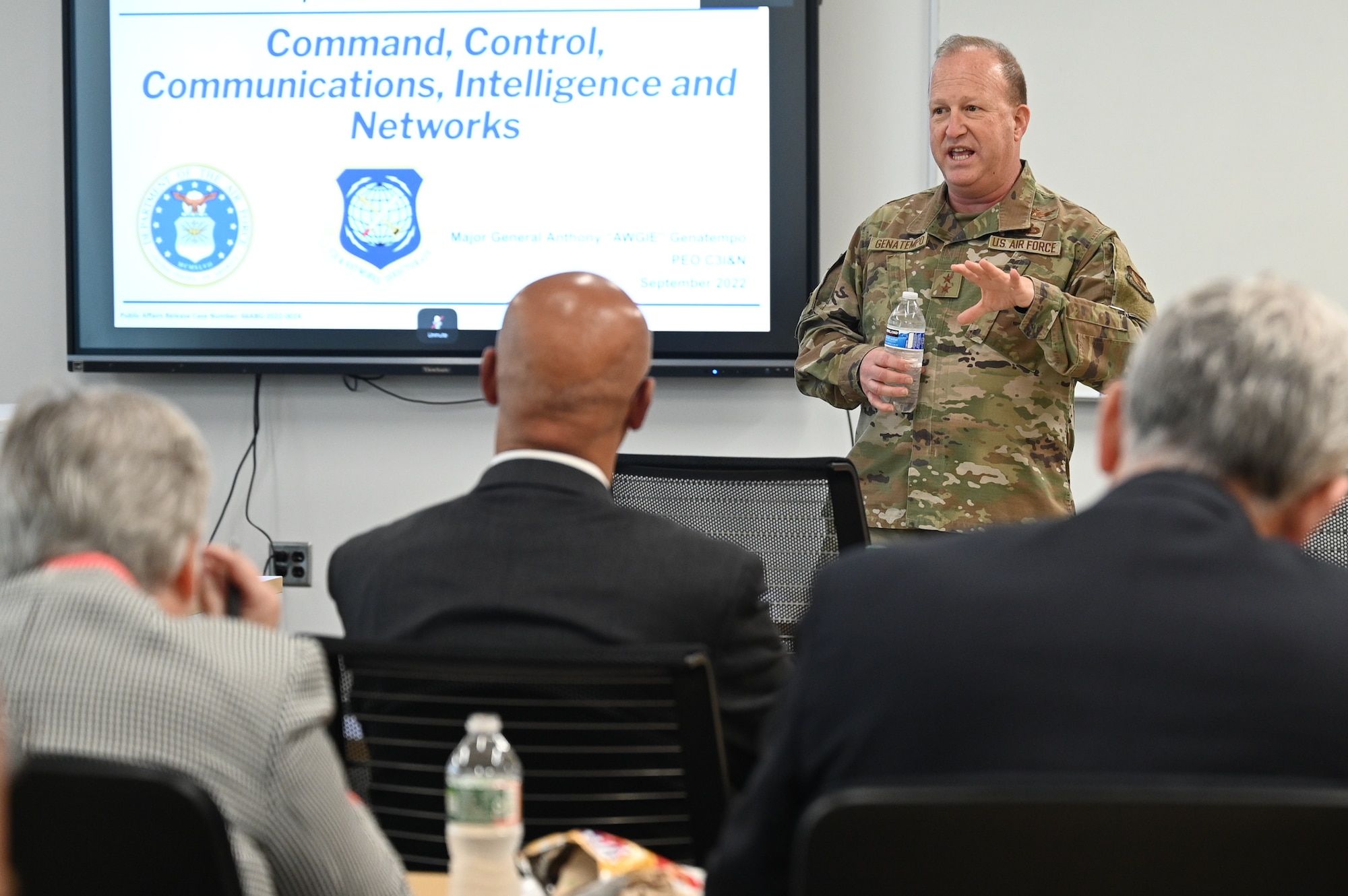 Maj. Gen. Anthony Genatempo, program executive officer of Command, Control, Communications, Intelligence and Networks, headquartered at Hanscom Air Force Base, Mass., discusses enterprise systems, Joint-All Domain Command and Control, or JADC2, and other topics during a recent meeting with the Hanscom Representatives Association at the University of Mass. Lowell Research Institute’s Northstar Campus in Lincoln, Mass. The HRA brings representatives from small, large, and start-up Hanscom-area businesses together to encourage collaboration in the acquisition process. (U.S. Air Force photo by Mark Herlihy)