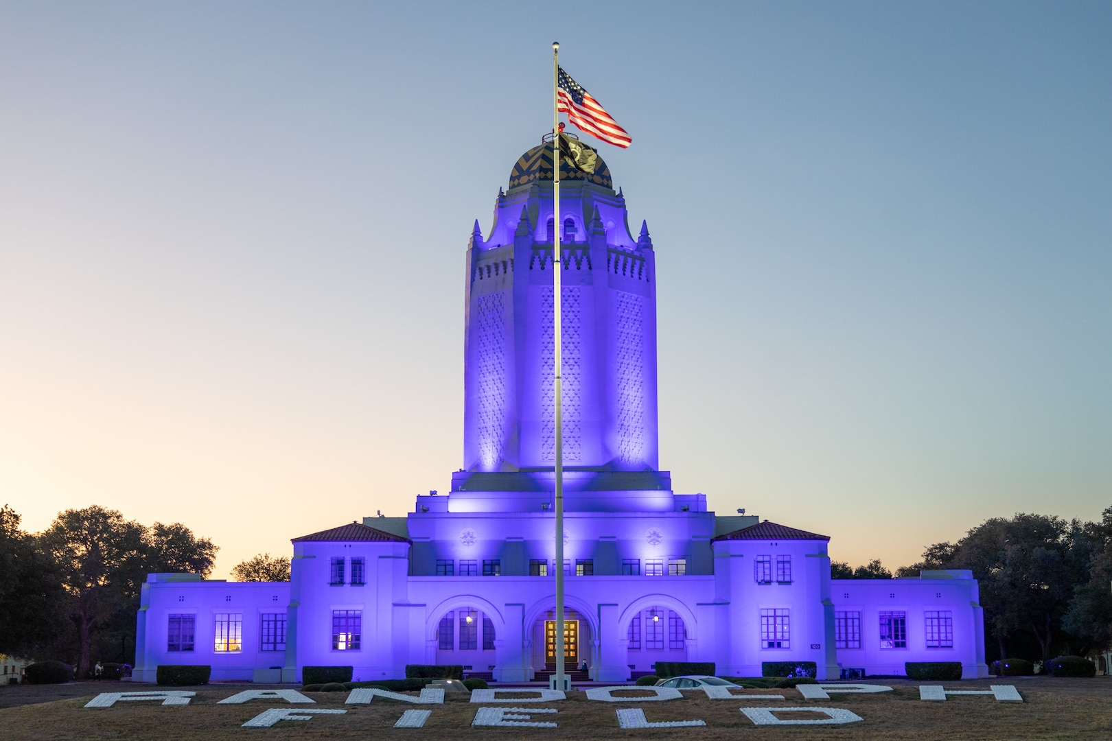 Tower is lit in purple