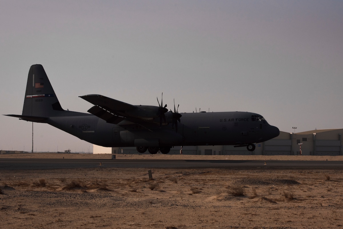 A C-130J Super Hercules lands on the South runway at Ali Al Salem Air Base, Kuwait, October 19, 2022. This aircraft was the first one to land on the South runway after renovations were completed. (U.S. Air Force photo by Master Sgt. Evelyn Chavez)