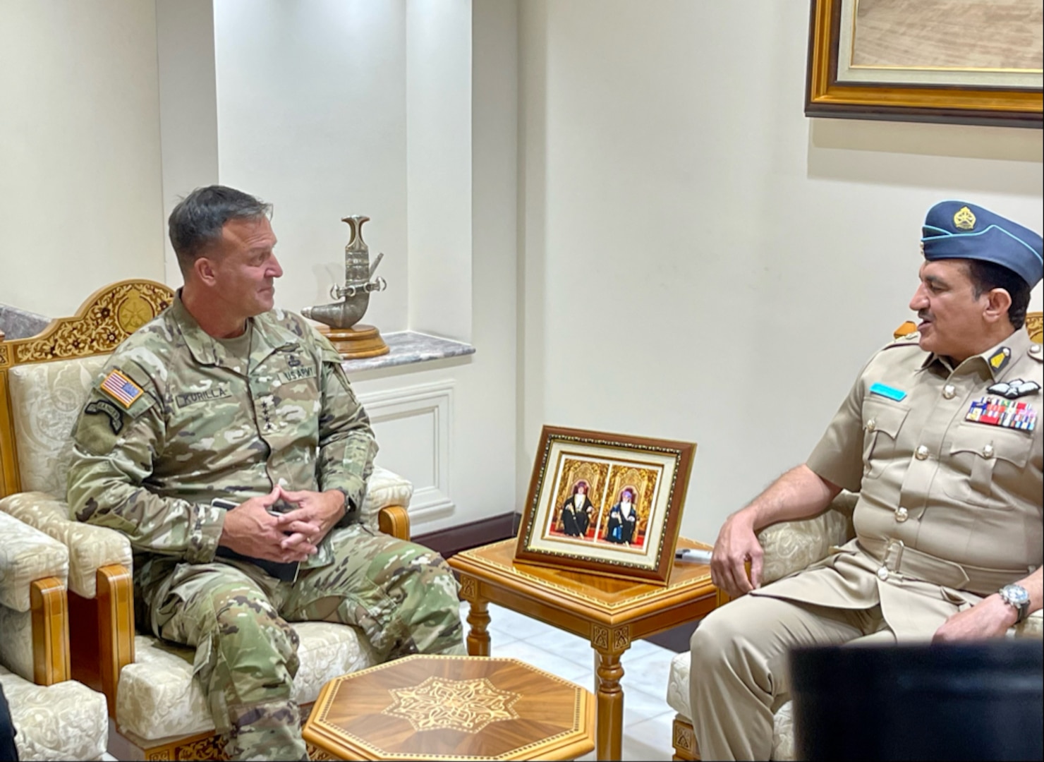On Oct. 18, at the Al Murtafa'a Garrison in Muscat, Gen. Michael “Erik” Kurilla, commander of U.S. Central Command, met Air Vice Marshal Khamis Hammad Al Ghafri, commander of the Royal Air Force of Oman and Dr. Mohammed al Zaabi, Secretary General of the Oman Ministry of Defense. The engagement was Kurilla’s second visit here in the past five months.

The leaders spoke about matters of importance to both militaries, including opportunities to strengthen security cooperation through training and partnered exercises.