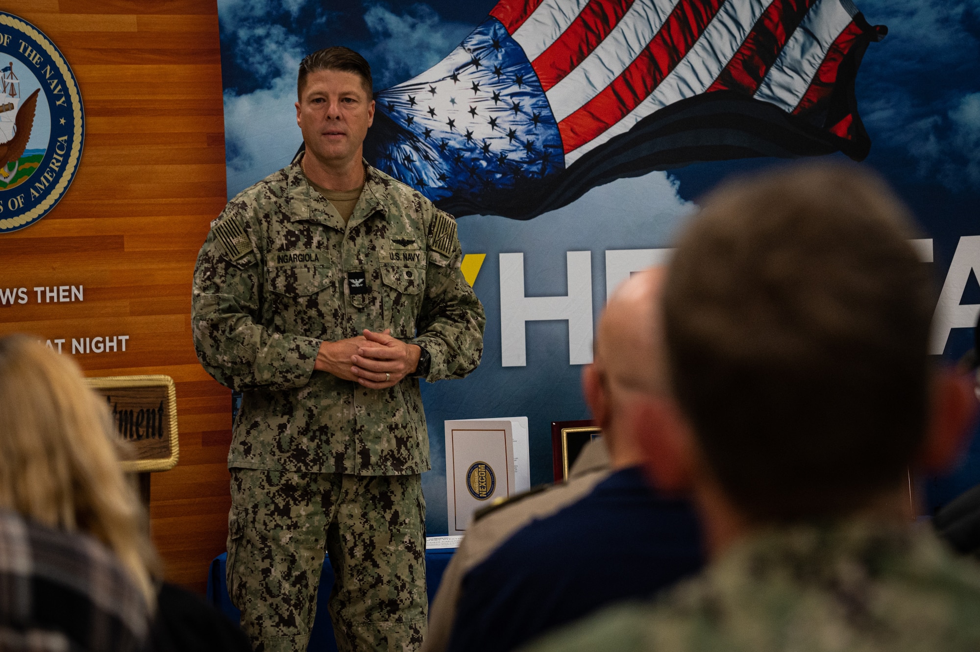 U.S. Navy Capt. Frank T. Ingargiola, Joint Base McGuire-Dix-Lakehurst deputy commander and Naval Support Activity Lakehurst commander, gives a commemorative speech during the presentation of the 2021 Bingham Award for Navy Exchange Lakehurst at Joint Base MDL, N.J., Oct. 18, 2022. NEX Lakehurst received the award in the sales over $1.4 to $2.2 million category. The Bingham Award is presented to the best NEX in nine sales categories for overall financial results and customer service. (U.S. Air Force photo by Airman 1st Class Sergio Avalos)