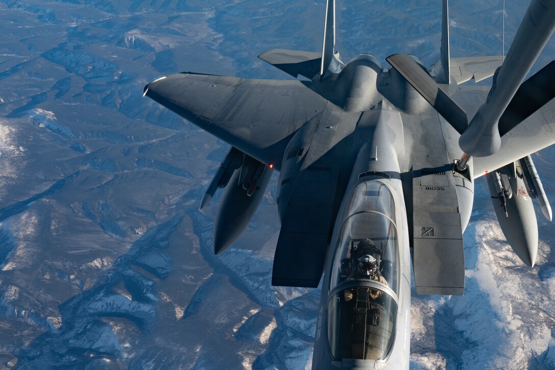 An F-15 Eagle is refueled
