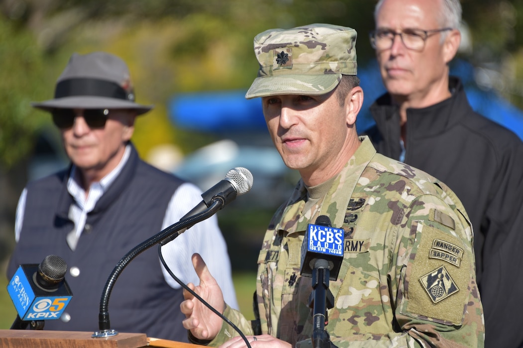 On Oct. 13, 2022, Lt. Col. Kevin Arnett participated in a press conference led by Cong. Jared Huffman at the Marin Yacht Club in San Rafael to celebrate the ongoing dredge work on San Rafael Creek.
