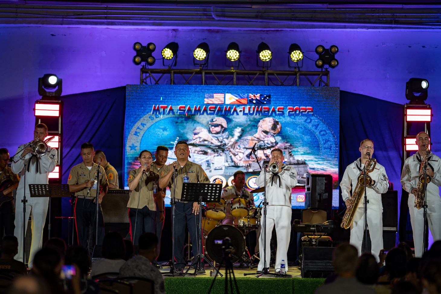 Sailors, assigned to the U.S. 7th Fleet Band, and marines, assigned to the Philippine Marine Corps Band, perform at SM Seaside City Cebu mall during Exercise Sama Sama-Lumbas 2022 in Cebu, Philippines, Oct. 13. Sama Sama-Lumbas is a multilateral exercise and includes forces from Philippines, the United States, Australia, France, Japan, and the United Kingdom designed to promote regional security cooperation, maintain and strengthen maritime partnerships, and enhance maritime interoperability.