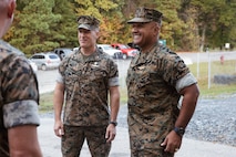 From left, U.S. Marine Corps Col. Dean Schulz, Commanding Officer of Chemical Biological Incident Response Force (CBIRF), and Lt. Gen. Brian W. Cavanaugh, Commander of U.S. Marine Corps Forces Command, speak to CBIRF Marines and staff during a tour of the Naval Support Facility Indian Head and Annex Stump Neck, Md., Oct. 17, 1022. During the visit, Lt. Gen. Cavanaugh received briefs from CBIRF command staff, toured facilities used by CBIRF, talked to CBIRF Marines and Sailors, and received a demonstration of the response force’s capabilities in case of a crisis. (U.S. Marine Corps Photo by Staff Sgt. Jacqueline A. Clifford)