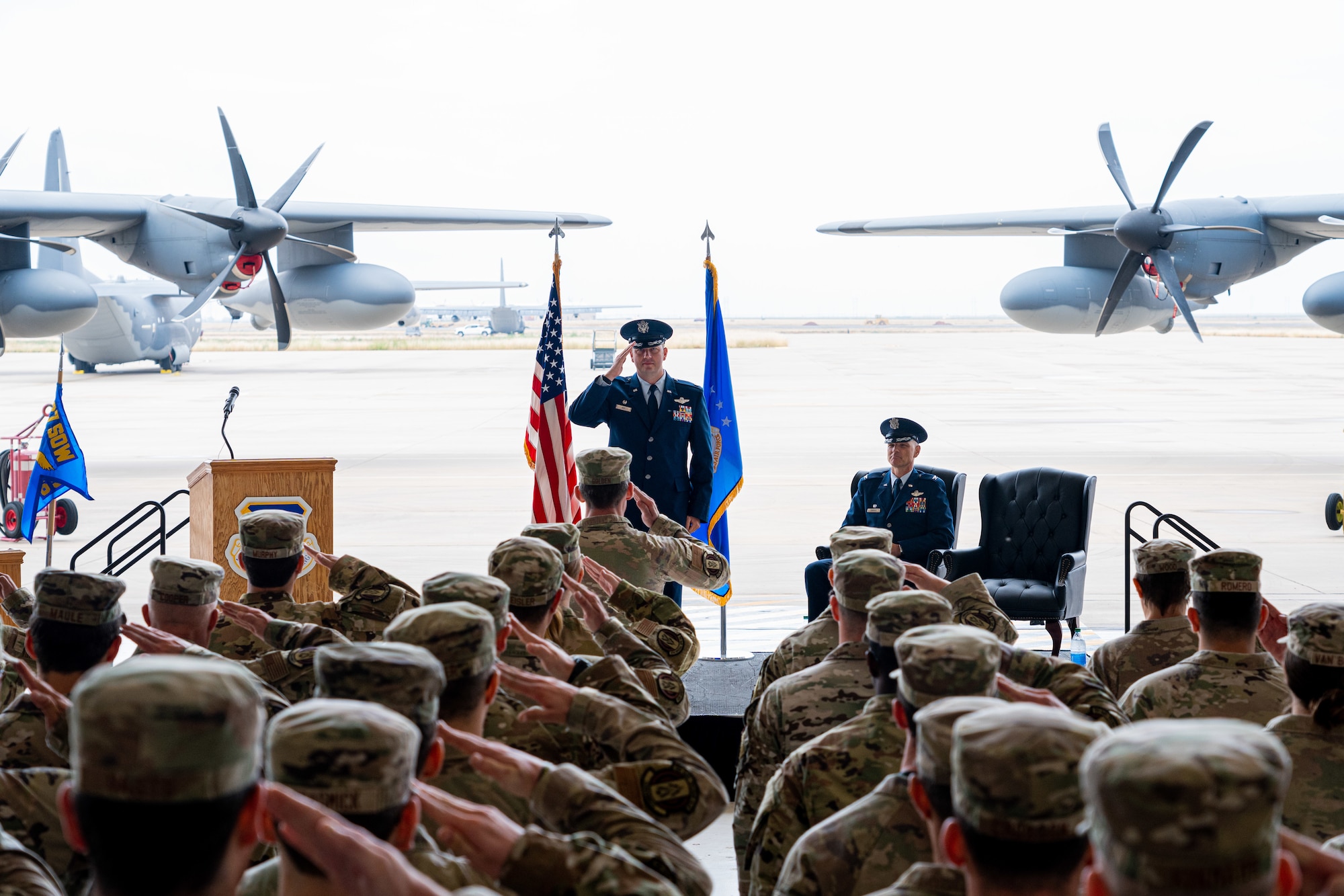 Lt. Col. Michael Roy, 6th Special Operations Squadron commander, receives his first salute from the Airmen of the 6 SOS during the squadron’s activation ceremony at Cannon Air Force Base, N.M., Oct. 6, 2022. Previously the 27th Special Operations Group Detachment 1, the 6 SOS is an MC-130J Commando II aircraft flying unit that fulfills the 27th Special Operations Wing’s commitment to the Air Force Special Operations Command’s new deployment model. (U.S. Air Force photo by Airman 1st Class Cassidy Daniel)