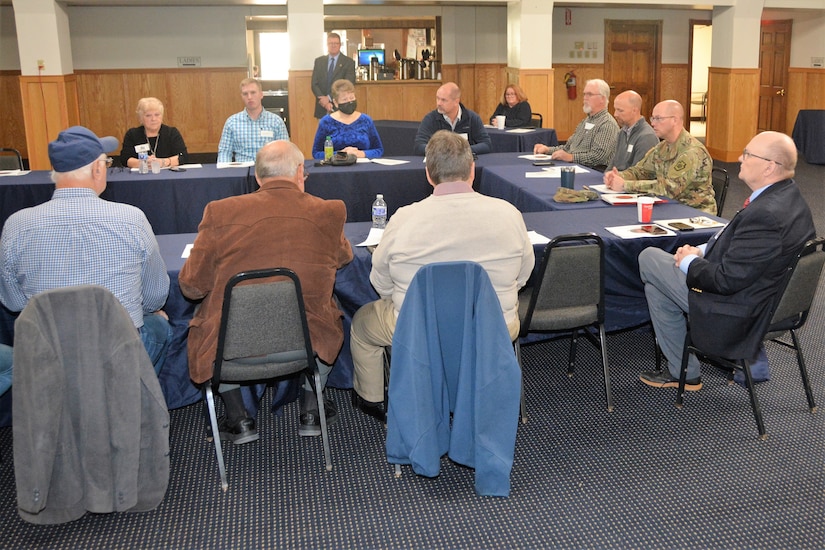 Lt. Col. Kevin Potts, second from right, Fort Indiantown Gap garrison commander, addresses local elected officials from Dauphin, Lebanon and Schuylkill counties during a briefing at Fort Indiantown Gap, Pa., on Oct. 18, 2022.