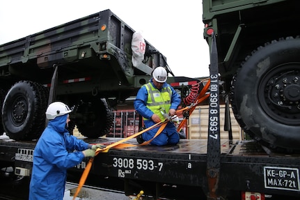 Contractors help load rail cars shipping out materiel in preparation for DEFENDER-Europe 22 exercise operations April 5, 2022, at Dülmen Army Prepositioned Stocks-2 worksite, Tower Barracks, Germany. Army Field Support Battalion-Germany assumed mission command of the Dülmen APS-2 worksite from Army Field Support Battalion-Mannheim, Oct. 21, 2021. (U.S. Army photo by Libby Weiler, USAG Benelux Public Affairs)