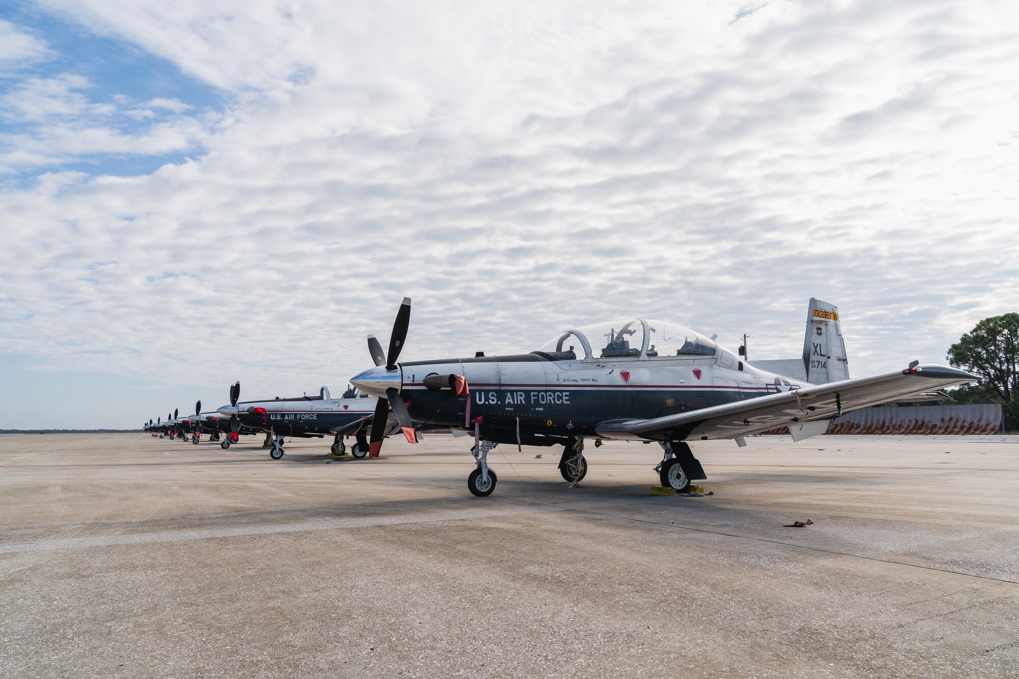T-6A Texan II aircraft assigned to the 85th Flying Training Squadron are shown on the flight line at MacDill Air Force Base, Florida, Oct. 15, 2022.