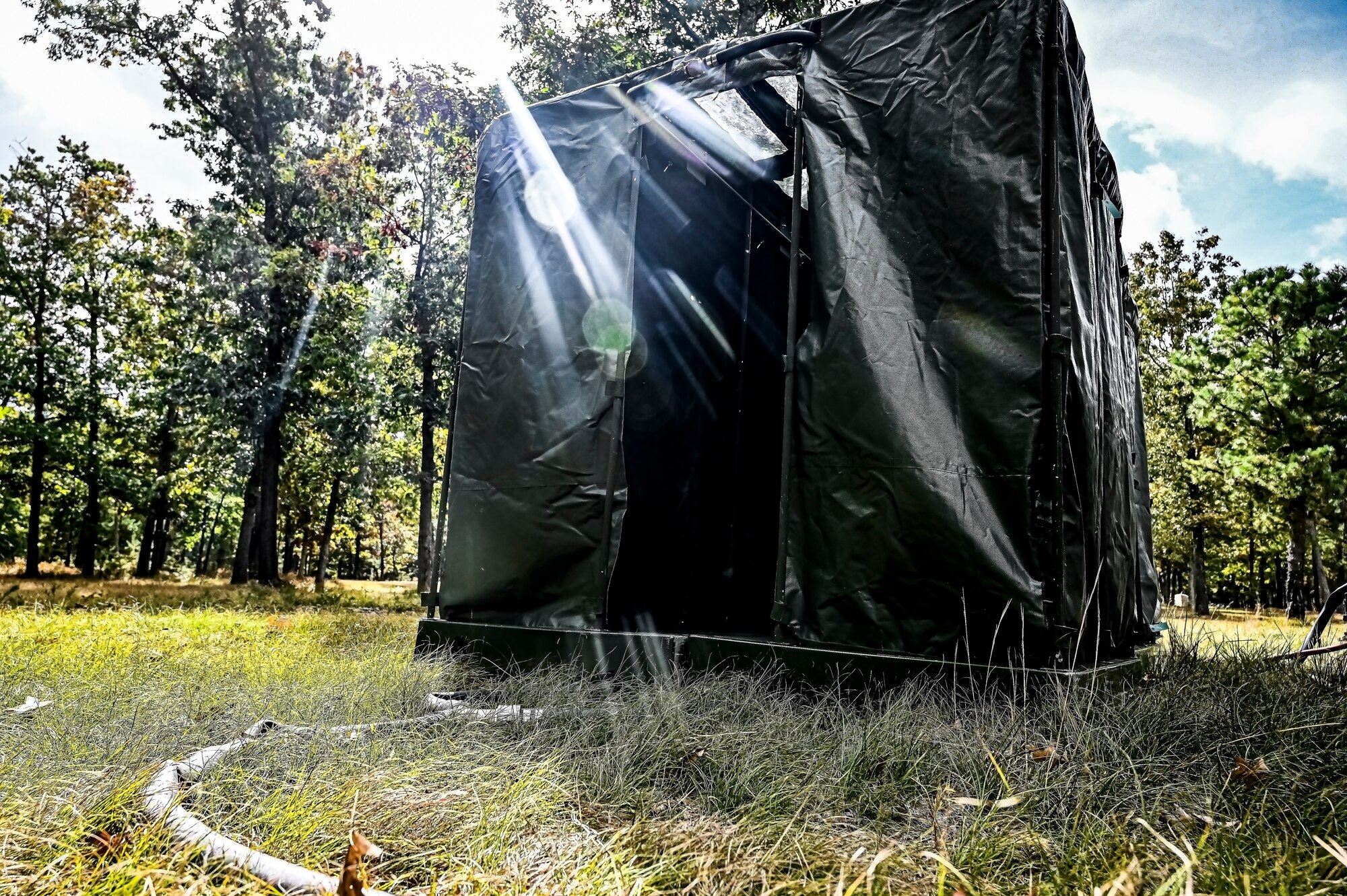 A portable showering unit assigned to the U.S. Army 58th Troop Command was set up at Joint Base McGuire-Dix-Lakehurst, N.J. on Oct. 17, 2022. Shower, Laundry, and Clothing Repair Specialists are primarily responsible for supervising and performing laundry, shower, personnel and clothing decontamination functions. These capabilities are essential to the health and welfare of soldiers in training or deployed environments. Good hygiene is required by all who are subject to the laws and regulations defined by the UCMJ in order to prevent the spread of disease that may compromise mission success.