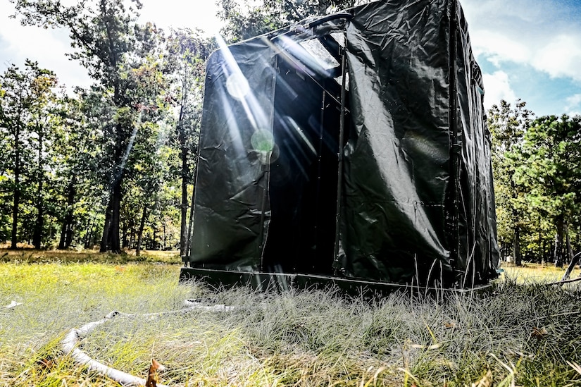 A portable showering unit assigned to the U.S. Army 58th Troop Command was set up at Joint Base McGuire-Dix-Lakehurst, N.J. on Oct. 17, 2022. Shower, Laundry, and Clothing Repair Specialists are primarily responsible for supervising and performing laundry, shower, personnel and clothing decontamination functions. These capabilities are essential to the health and welfare of soldiers in training or deployed environments. Good hygiene is required by all who are subject to the laws and regulations defined by the UCMJ in order to prevent the spread of disease that may compromise mission success.