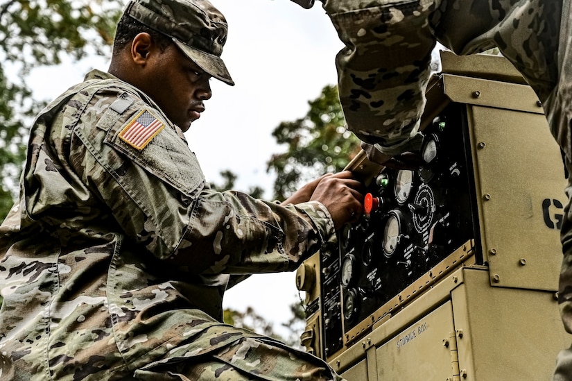 U.S. Army Soldiers assigned to the U.S. Army 58th Troop Command set up a water filtration unit at Joint Base McGuire-Dix-Lakehurst, N.J. on Oct. 17, 2022. Shower, Laundry, and Clothing Repair Specialists are primarily responsible for supervising and performing laundry, shower, personnel and clothing decontamination functions. These capabilities are essential to the health and welfare of soldiers in training or deployed environments. Good hygiene is required by all who are subject to the laws and regulations defined by the UCMJ in order to prevent the spread of disease that may compromise mission success.