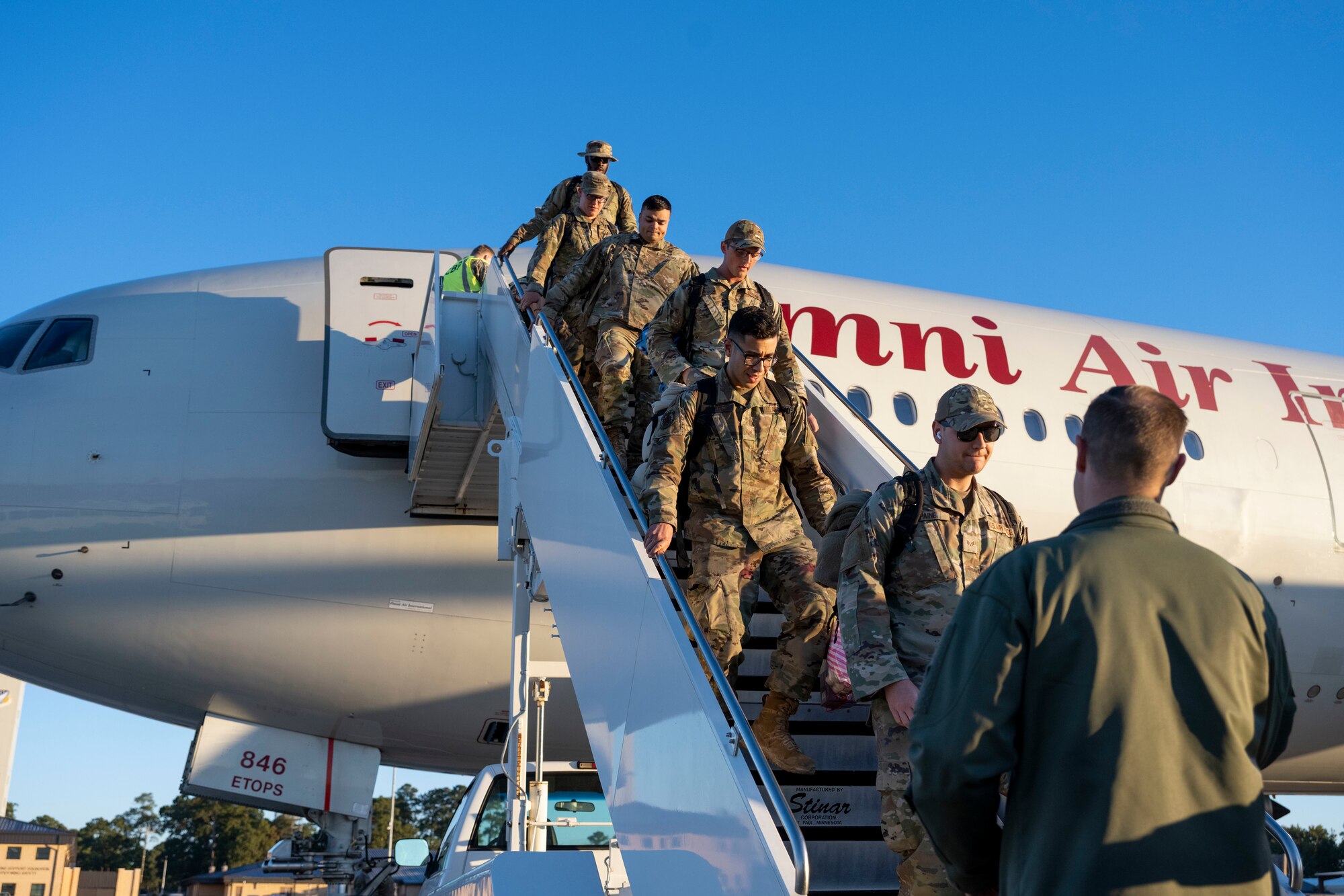 Airmen assigned to the 4th Fighter Wing return from a deployment at Seymour Johnson Air Force Base, North Carolina, Oct. 19, 2022. The 4th FW deployed to provide a defensive posture to military personnel stationed in the Air Force’s Central Command area of responsibility. (U.S. Air Force photo by Senior Airman Kevin Holloway)
