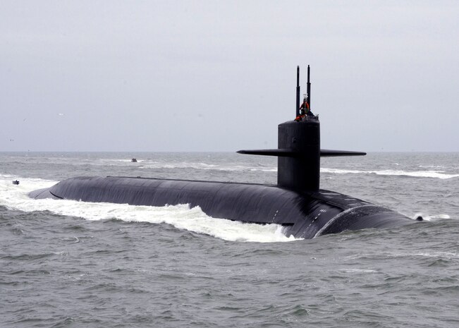 The Ohio-class ballistic missile submarine USS West Virginia (SSBN 736) returns to Naval Submarine Base Kings Bay following routine operations. USS West Virginia is the third U.S. Navy ship to be named after the state.