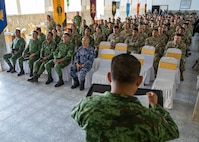 Mexican Secretariat of National Defense (SEDENA) May. (Major) Jorge Geronimo, the operations chief assigned to the 8th Military Zone, gives an operational-overview brief to U.S. Soldiers, assigned to Joint Task Force Civil Support, and SEDENA military personnel as part of the integration phase during exercise Fuerzas Amigas 2022 on Campo Militar Reynosa, Mexico Oct. 17, 2022. Exercise FA22 is a binational disaster-response exercise between the U.S. and Mexican militaries Oct. 17-21, along the U.S.-Mexican border. The purpose of this annual exercise is to improve readiness and strengthen the two nations’ cooperative relationship. U.S. Army North, through Joint Task Force Civil Support will serve as the command-and-control element directing U.S. troops conducting a natural disaster response exercise alongside Mexican military forces. (U.S. Navy photo by Mass Communication Specialist 1st Class Michael H. Lehman)