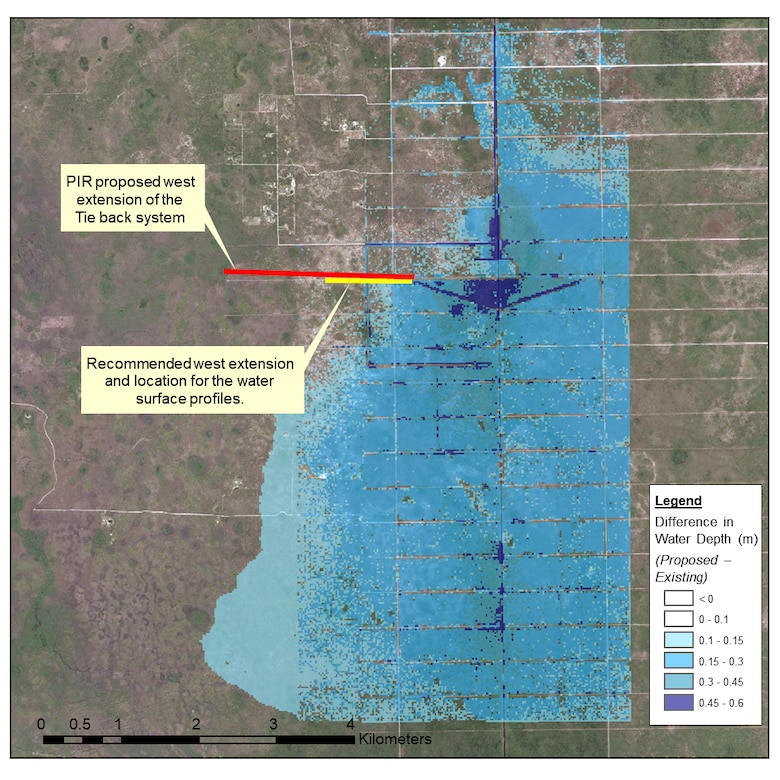 A map of the cell by cell flood depth differences from the existing flood depth to the flood depth for the proposed changes for the Picayune Strand study. The team recommended shortening a proposed levee. All of the proposed changes saved $40M for the project.