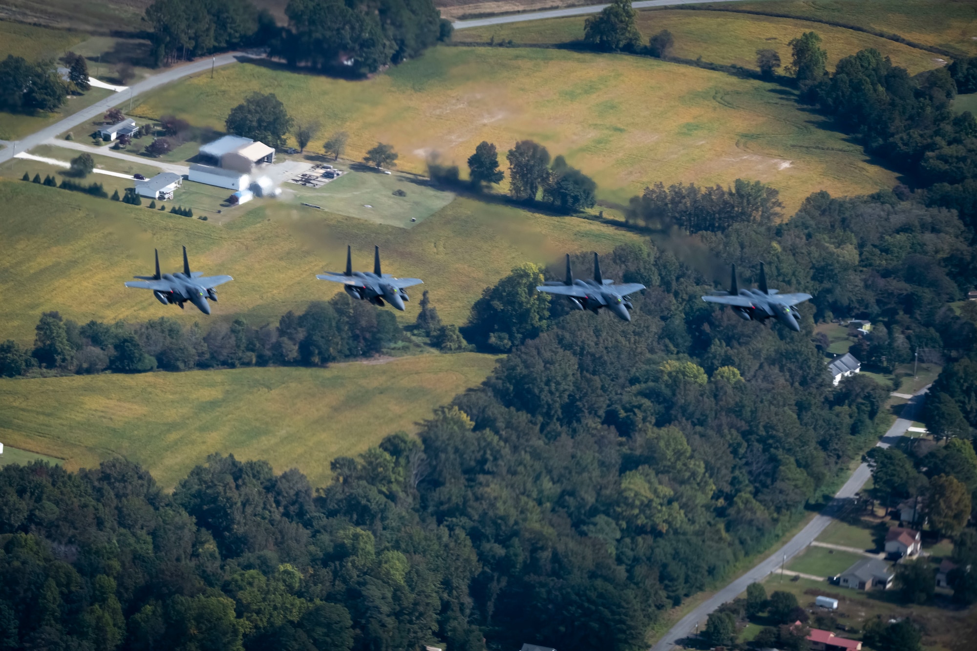 F-15E Strike Eagles assigned to the 335th Fighter Squadron fly over North Carolina, following a six-month deployment with Air Force Central Command, at Seymour Johnson Air Force Base, North Carolina, Oct. 14, 2022. The 335th FS and 335th Fighter Generation Squadron deployed more than 350 people to AFCENT for this deployment.