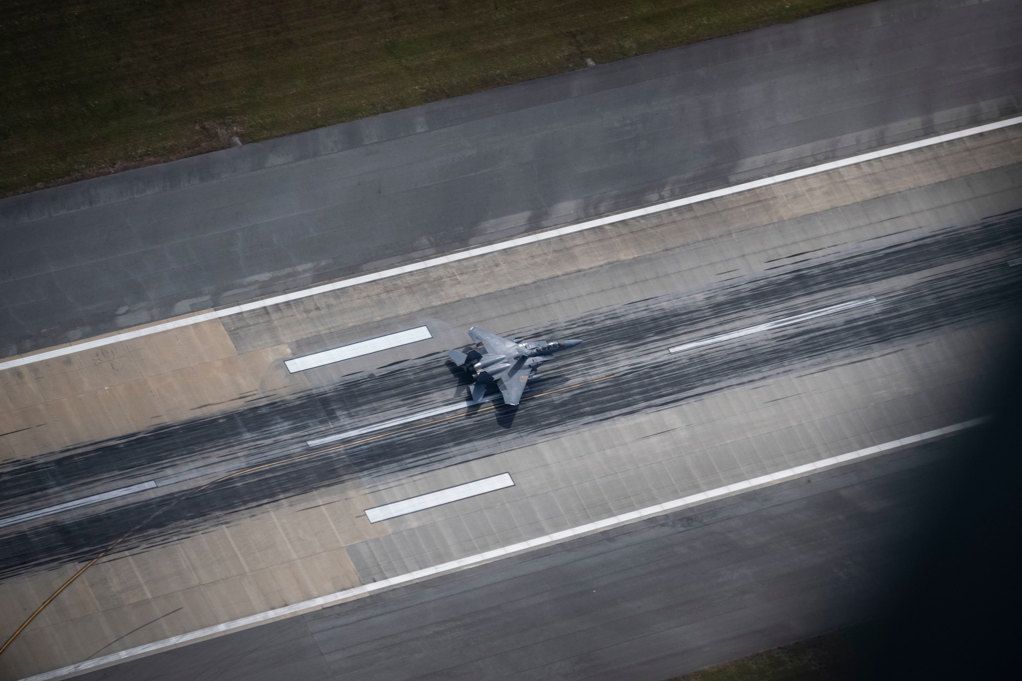 An F-15E Strike Eagle assigned to the 335th Fighter Squadron lands at Seymour Johnson Air Force Base, North Carolina, Oct. 14, 2022. This Strike Eagle was deployed to Air Force Central Command.