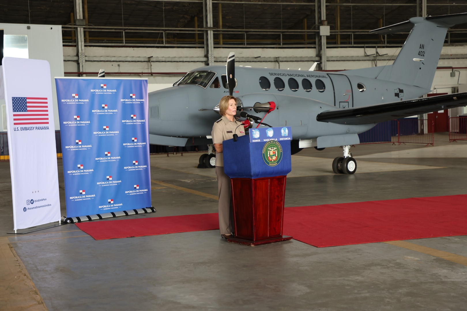 The commander of U.S. Southern Command, U.S. Army Gen. Laura Richardson, speaks during a ceremony where the United States donated a King Air 250 maritime patrol aircraft to Panama.