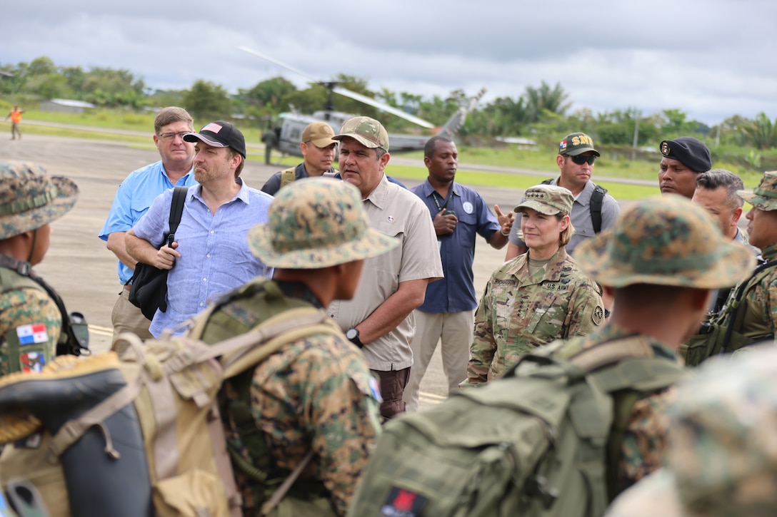 The commander of U.S. Southern Command, U.S. Army Gen. Laura Richardson, accompanies Panama’s Minister of Public Security Juan Pino to visit with Panamanian security forces operating in the Darién Gap.