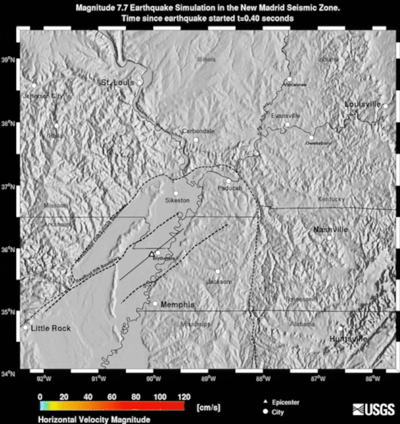 map of the central US with an animated ring showing the area impacted by an earthquake in the region shown by the map