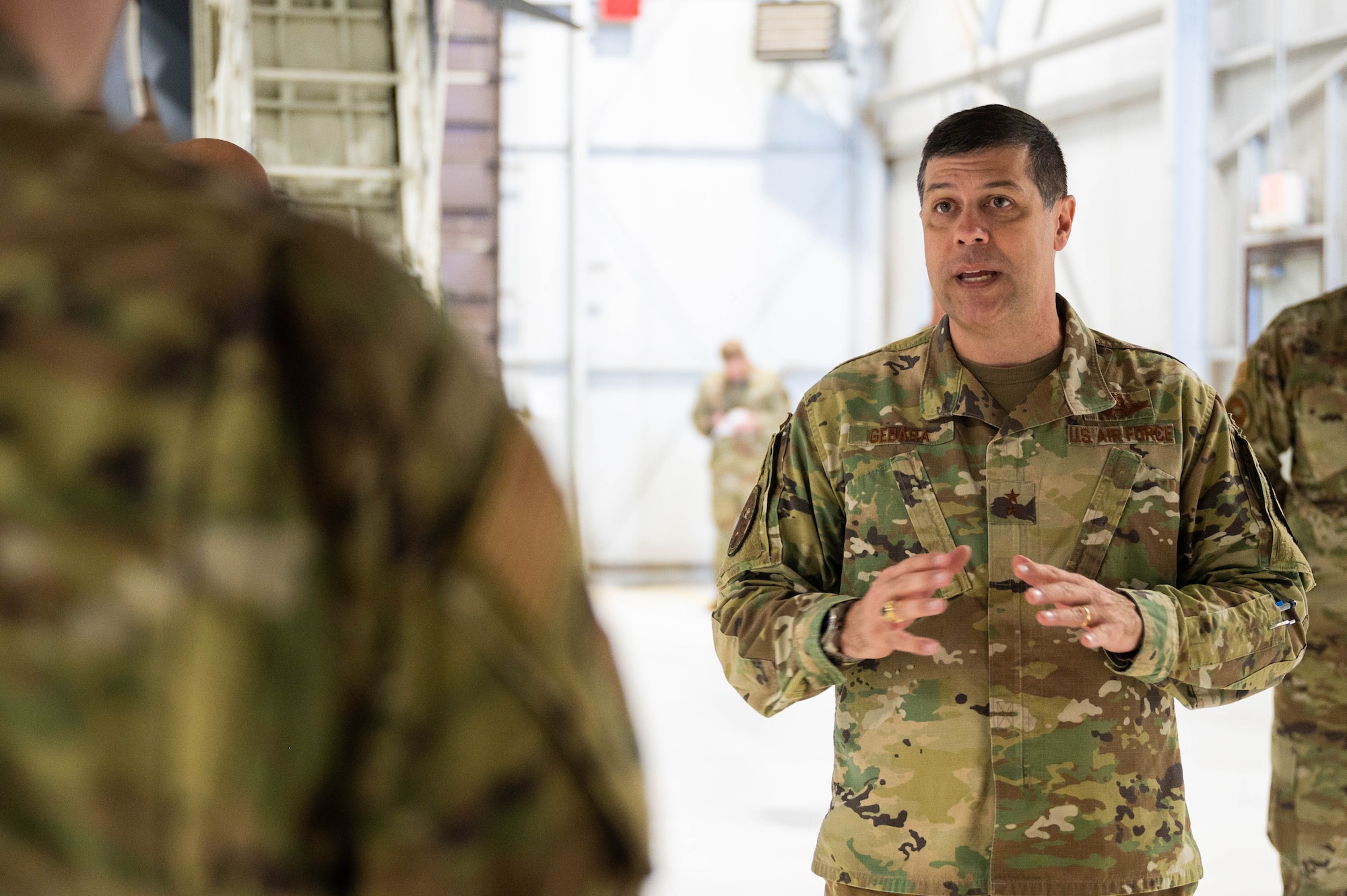 Maj. Gen. Andrew Gebara, 8th Air Force and Joint-Global Strike Operations Center commander, talks to members of the 28th Bomb Wing at Ellsworth Air Force Base, S.D., Oct. 17, 2022. During the visit, 8th Air Force leaders spoke with Airmen across the 28th Bomb Wing to better understand their needs as Ellsworth prepares for and takes on the B-21 Raider mission. (U.S. Air Force photo by Staff Sgt. Alexi Bosarge)