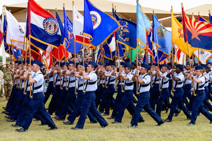 Air Force Trainees marching on field.