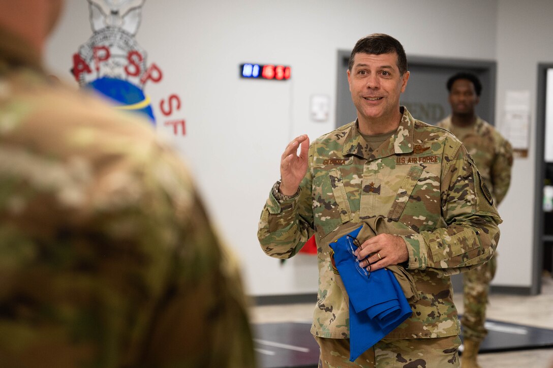 Maj. Gen. Andrew Gebara, 8th Air Force and Joint-Global Strike Operations Center commander, talks to members of the 28th Bomb Wing at Ellsworth Air Force Base, S.D., Oct. 17, 2022. Members of Ellsworth showcased significant contributions to the long-range strike mission and how they continue to maintain readiness and innovate. (U.S. Air Force photo by Staff Sgt. Alexi Bosarge)