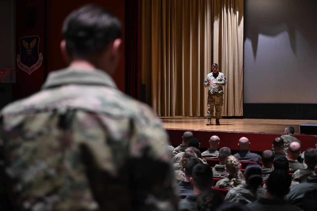 Maj. Gen. Andrew Gebara, 8th Air Force and Joint-Global Strike Operations Center commander, gives a speech at Ellsworth Air Force Base, S.D. Oct. 17, 2022. During the visit, 8th Air Force leaders spoke with Airmen across the 28th Bomb Wing to better understand their needs as Ellsworth prepares for and takes on the B-21 Raider mission. (U.S. Air Force Photo by Airman Yendi Borjas)