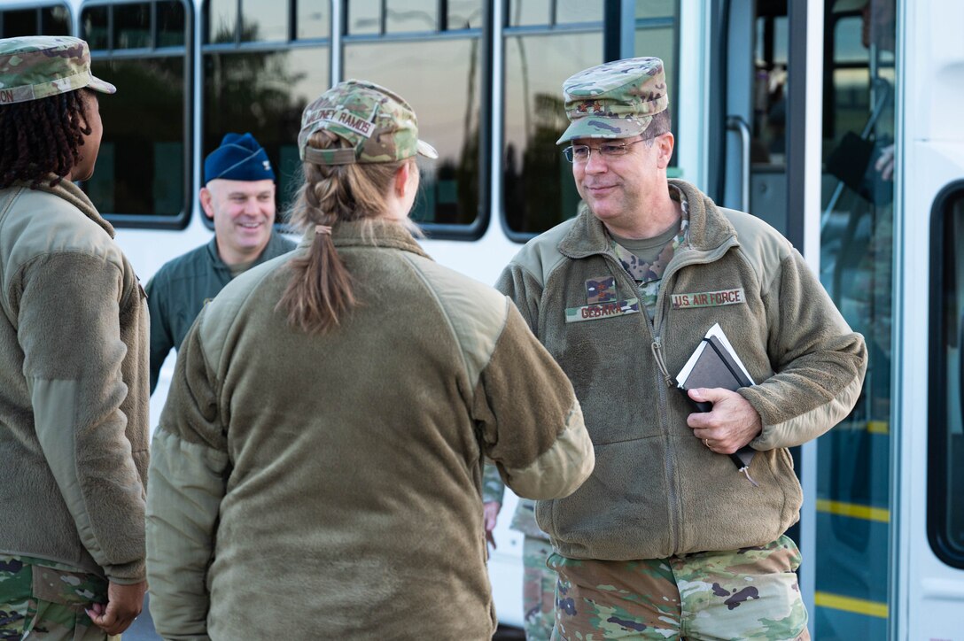 Maj. Gen. Andrew Gebara, 8th Air Force and Joint-Global Strike Operations Center commander, is greeted by members of the 28th Bomb Wing on Ellsworth Air Force Base, S.D., Oct. 17, 2022. Gebara commands the service’s bomber force and airborne nuclear command and control assets, and approximately 24,000 Airmen across six installations. (U.S. Air Force photo by Staff Sgt. Alexi Bosarge)