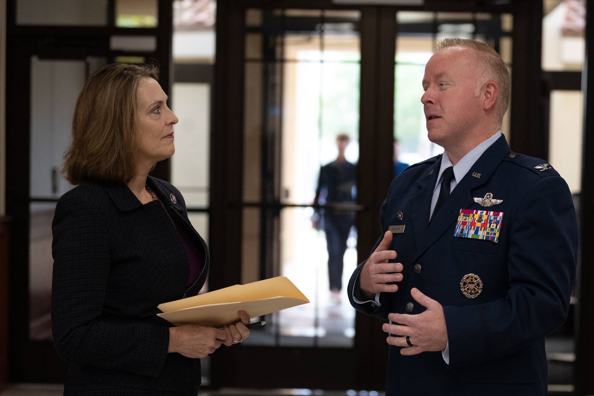 Kathy Castor, congresswoman for Florida’s 14th Congressional District, speaks with U.S. Air Force Col. Adam Bingham, 6th Air Refueling Wing commander, during Academy Day at MacDill Air Force Base, Florida, Oct. 15, 2022.