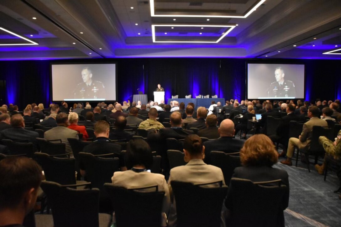 Lt. Gen. Daniel Karbler, commanding general, U.S. Army Space and Missile Defense Command, speaks during Space Industry Days in Los Angeles, California, Oct. 18.