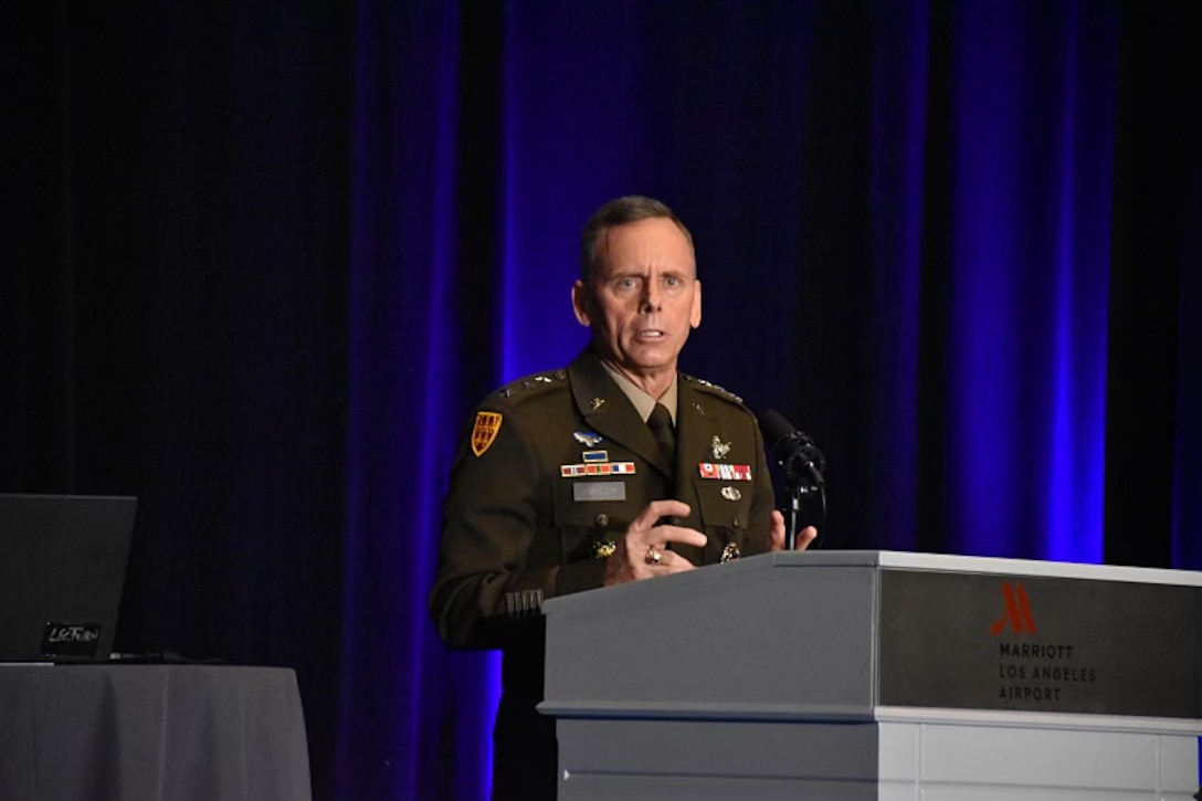 Lt. Gen. Daniel Karbler, commanding general, U.S. Army Space and Missile Defense Command, speaks during Space Industry Days in Los Angeles, California, Oct. 18.