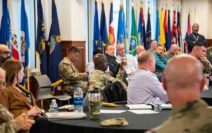 Col. Tony Nesbitt, commander, U.S. Army Medical Logistics Command, speaks to other MEDLOG leaders during the “MEDLOG in Campaigning’ off-site at Army Material Command’s headquarters at Redstone Arsenal, Huntsville, Alabama, Sept. 12-14. The purpose of this off-site was to develop support frameworks for Class VIIIA distribution, materiel management, maintenance and information technology system integration to work within the current Army Sustainment Enterprise software solution, which is Global Combat Support System-Army.