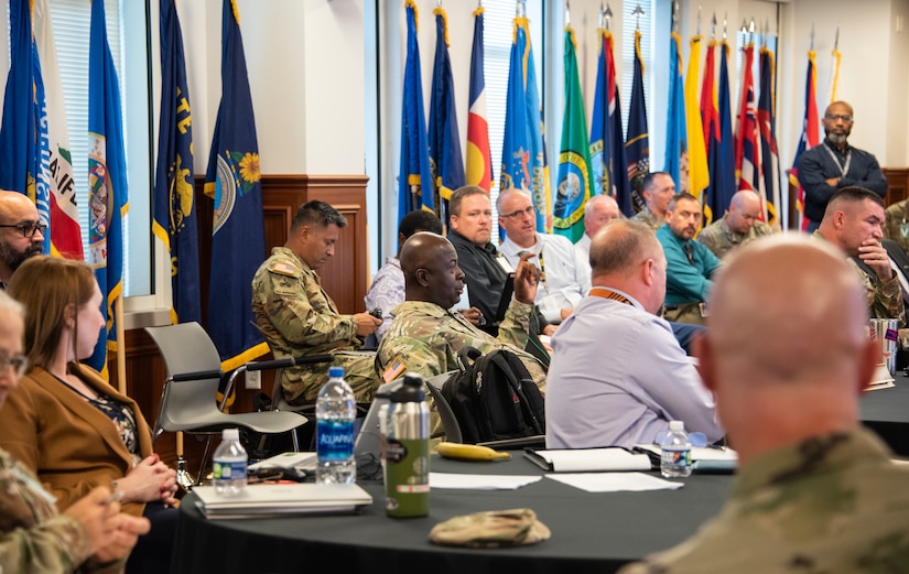 Col. Tony Nesbitt, commander, U.S. Army Medical Logistics Command, speaks to other MEDLOG leaders during the “MEDLOG in Campaigning’ off-site at Army Material Command’s headquarters at Redstone Arsenal, Huntsville, Alabama, Sept. 12-14. The purpose of this off-site was to develop support frameworks for Class VIIIA distribution, materiel management, maintenance and information technology system integration to work within the current Army Sustainment Enterprise software solution, which is Global Combat Support System-Army.
